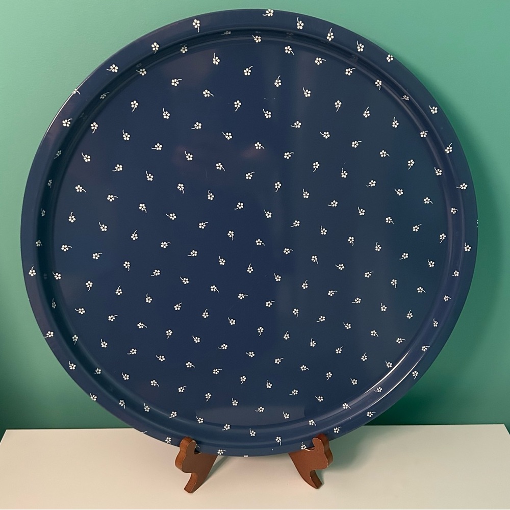 Blue and white tin serving tray with floral design by Sodahl made in Denmark